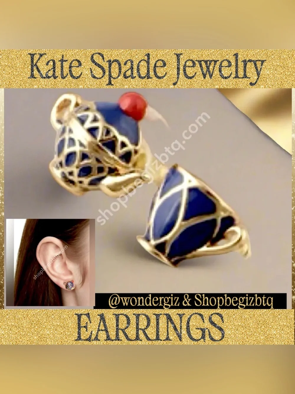 Kate Spade Authentic Blue Tea Cup Gold Plated Teacup Stud Earrings